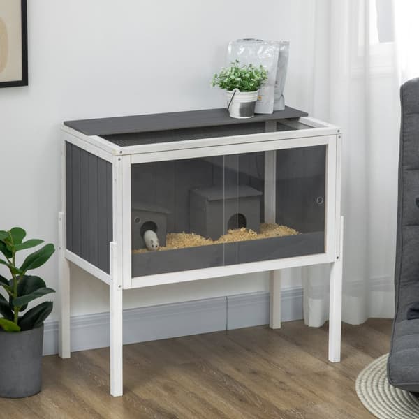Hamsterbur i tre for dverghamstere, gnagerbur, smådyrbur med 2 hytter og tilbehør, stort musebur, 82 x 45 x 81 cm, grått