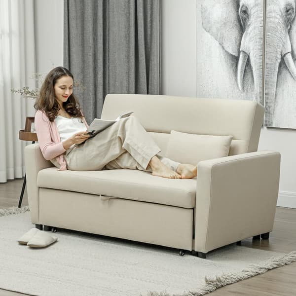 Bäddsoffa, 2-sits soffa med sovfunktion, justerbart ryggstöd, soffa med kuddar, sammetslook, bäddsoffa med bäddbox för vardagsrum, gästrum, beige