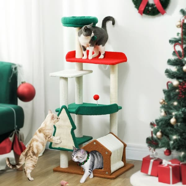 Kløestolpe i julefarger, 135 cm kattetre med 6 nivåer, katteklodestolpe med kattehule, lekeball, sisal skrapestolper, for 1-2 katter opptil 5 kg, fler