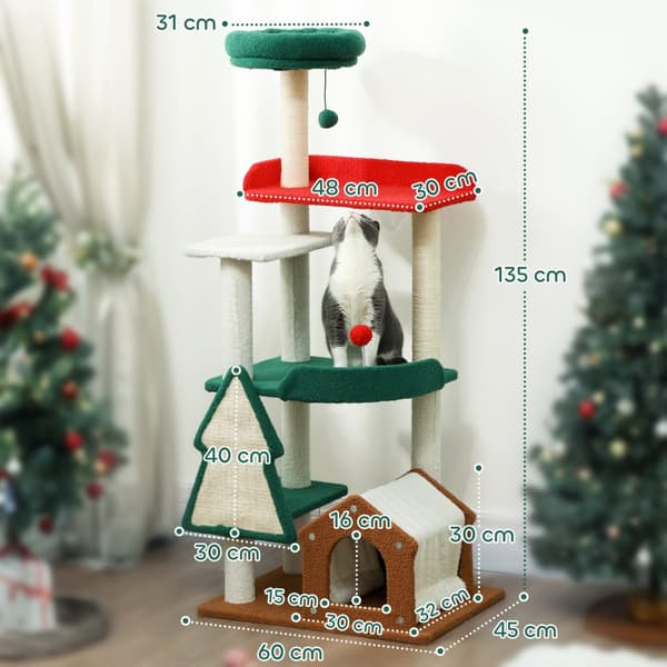 Kløestolpe i julefarger, 135 cm kattetre med 6 nivåer, katteklodestolpe med kattehule, lekeball, sisal skrapestolper, for 1-2 katter opptil 5 kg, fler
