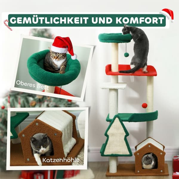 Kløestolpe i julefarger, 135 cm kattetre med 6 nivåer, katteklodestolpe med kattehule, lekeball, sisal skrapestolper, for 1-2 katter opptil 5 kg, fler