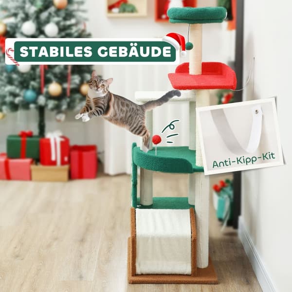 Kløestolpe i julefarger, 135 cm kattetre med 6 nivåer, katteklodestolpe med kattehule, lekeball, sisal skrapestolper, for 1-2 katter opptil 5 kg, fler