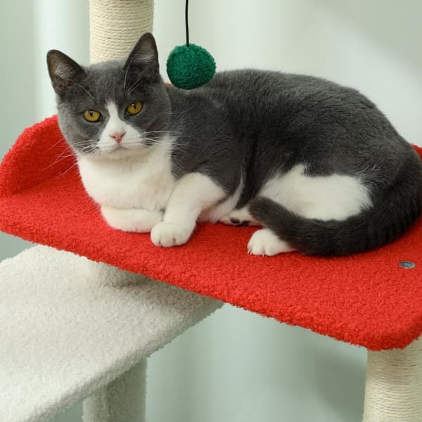 Kløestolpe i julefarger, 135 cm kattetre med 6 nivåer, katteklodestolpe med kattehule, lekeball, sisal skrapestolper, for 1-2 katter opptil 5 kg, fler