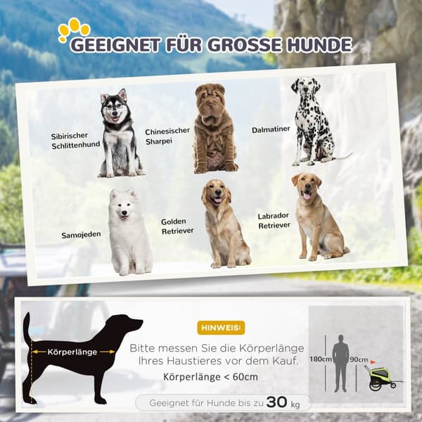 2-i-1 hundehenger, sykkelhenger for hunder, hundevogn med reflekser, hundevogn maks 30 kg, hundesykkelhenger for store hunder, Oxford stoff, grønn