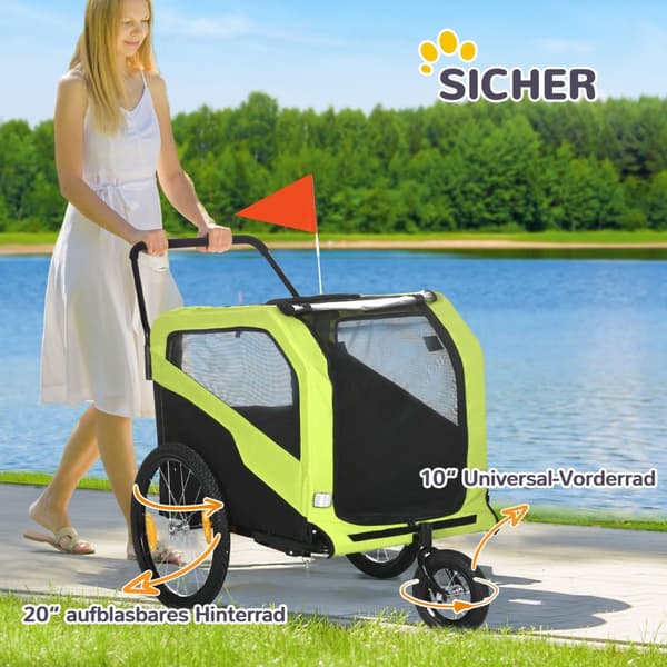 2-i-1 hundehenger, sykkelhenger for hunder, hundevogn med reflekser, hundevogn maks 30 kg, hundesykkelhenger for store hunder, Oxford stoff, grønn