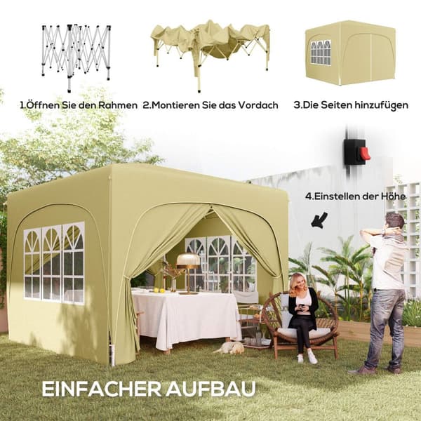 Lysthus 3x3m, vannavstøtende, stabilt, vintersikkert pop-up sammenleggbart lysthus, UV-beskyttelse 50+, sammenleggbart partytelt, hagetelt med 4 sidep