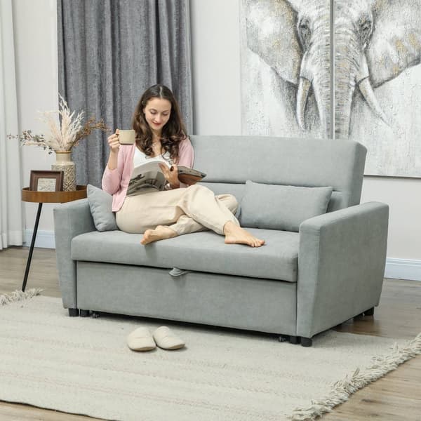 Sovesofa, 2-seters sofa med sovefunksjon, justerbar rygg, sofa med puter, fløyelslook, sovesofa med sengeboks til stue, gjesterom, lys grå