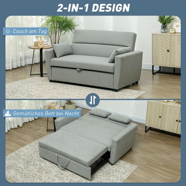 Sovesofa, 2-seters sofa med sovefunksjon, justerbar rygg, sofa med puter, fløyelslook, sovesofa med sengeboks til stue, gjesterom, lys grå