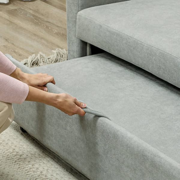 Sovesofa, 2-seters sofa med sovefunksjon, justerbar rygg, sofa med puter, fløyelslook, sovesofa med sengeboks til stue, gjesterom, lys grå