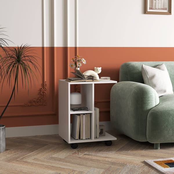 C Shape Sidebord Sofabord med Hjul Sofabord Transportabelt Sofabord til Små Flader 45 x 35 x 58 cm Hvid