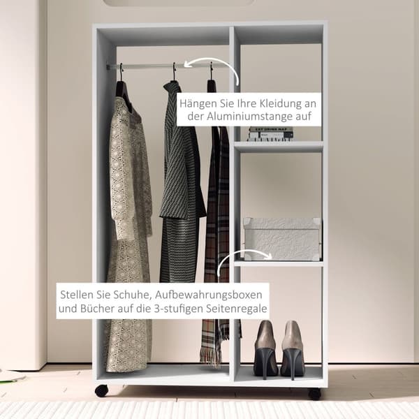Garderobe på hjul, Mobil garderobe, 1 tøjstang, 3 hylder, garderobe, rullende tøjstativ til entre, soveværelse, 80 x 40 x 128 cm, Hvid