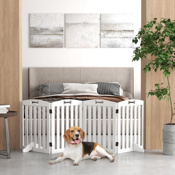 Hundespærreport, 4-delt, 207,5 x 61 cm, foldbar dørlåge med 2 støttefødder, Fritstående hundelåge, trappelåge til mellemstore hunde, til entre, trappe