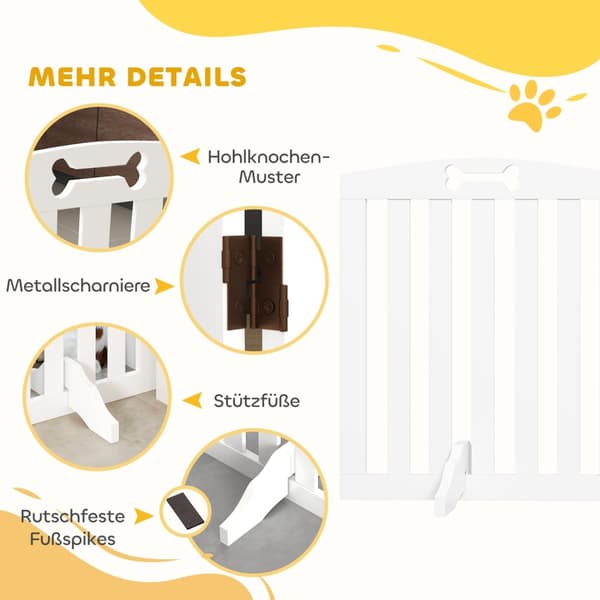 Hundespærreport, 4-delt, 207,5 x 61 cm, foldbar dørlåge med 2 støttefødder, Fritstående hundelåge, trappelåge til mellemstore hunde, til entre, trappe