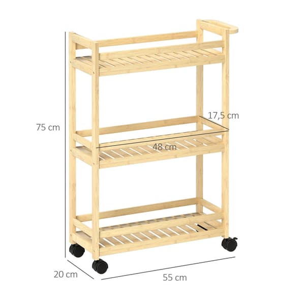 3-lags bambus serveringsvogn Kjøkkenvogn med hjul Bruksvogn med håndtak Oppbevaringsvogn for kontor Stue Kjøkken 55x20x75cm Naturlig tre