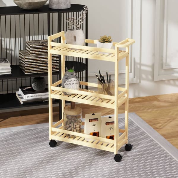 3-lags bambus serveringsvogn Kjøkkenvogn med hjul Bruksvogn med håndtak Oppbevaringsvogn for kontor Stue Kjøkken 55x20x75cm Naturlig tre