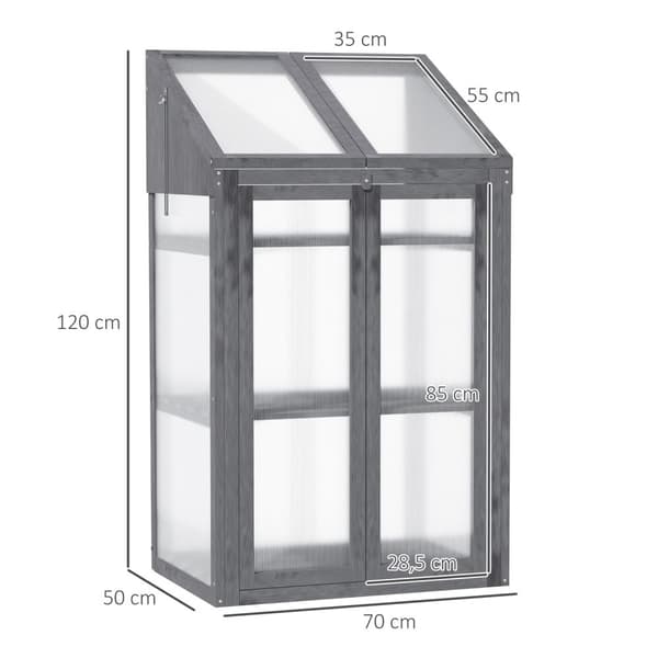 Kallram i trä, miniväxthus 70 x 50 x 120 cm, växthus med lock, fönster, dubbeldörr, genomskinlig kallramslåda med 3 hyllplan, vintersäker upphöjd bädd