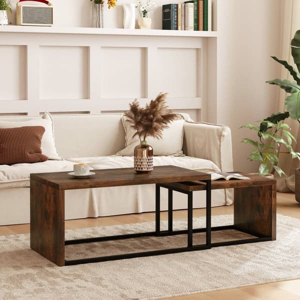 Set med 2 soffbord, soffbord, sidobord, soffbord, olika former, multifunktionellt, elegant, enkelt, metallunderrede, svart och brun