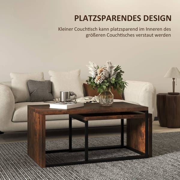Set med 2 soffbord, soffbord, sidobord, soffbord, olika former, multifunktionellt, elegant, enkelt, metallunderrede, svart och brun