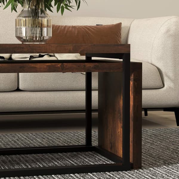 Set med 2 soffbord, soffbord, sidobord, soffbord, olika former, multifunktionellt, elegant, enkelt, metallunderrede, svart och brun
