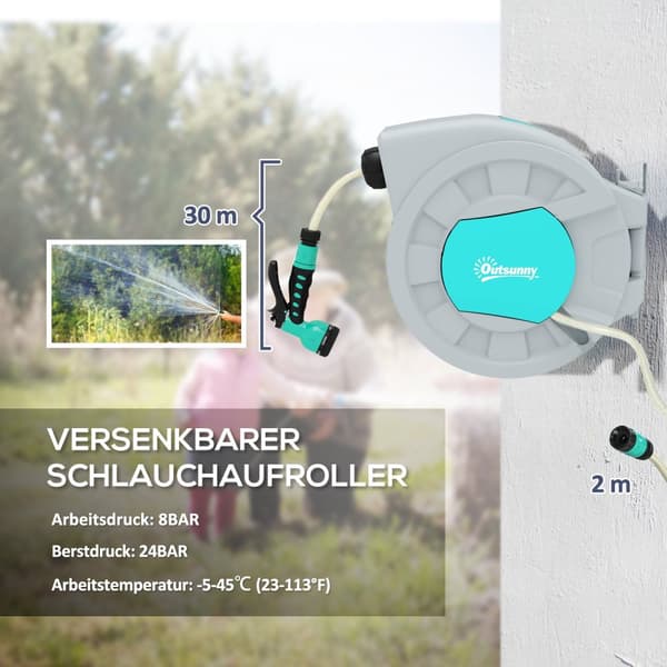Slangetromle med haveslange 30m, 180° drejelig slangeboks, slangetromle til vægmontering, vandslangetromle med automatisk oprulning, 7-funktions håndb
