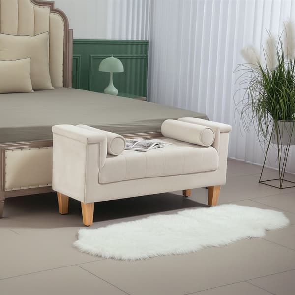 Benk polstret benk med chenilletrekk, armlene sengebenk med 2 sylinderputer, treramme, skobenk til soverom, stue, gang 115 x 44 x 58 cm beige