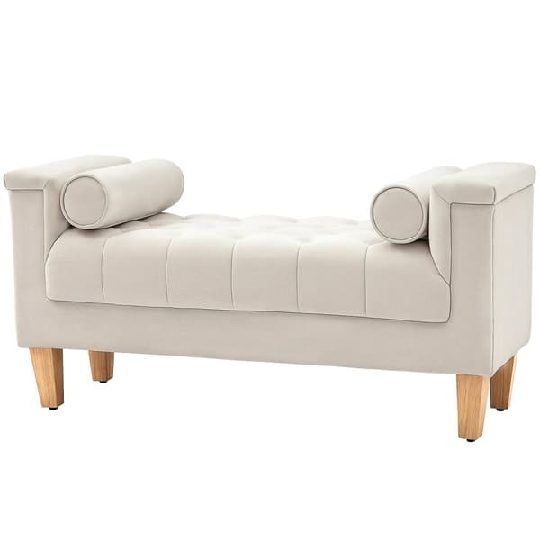 Bänkklädd bänk med chenilleöverdrag, armstöd sängbänk med 2 cylinderkuddar, träram, skobänk för sovrum, vardagsrum, hall 115 x 44 x 58 cm beige