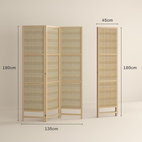 Seinä 3-osainen 135 x 180 cm väliseinä PP-rottinki, kokoontaitettava huoneenjakaja, yksityisyysseinä olohuoneeseen, luonnollinen