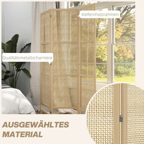 Seinä 3-osainen 135 x 180 cm väliseinä PP-rottinki, kokoontaitettava huoneenjakaja, yksityisyysseinä olohuoneeseen, luonnollinen