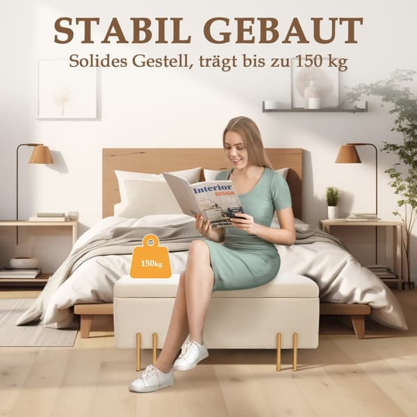 Benk med oppbevaringsplass, polstret benk med fløyelslook, kiste med treben, kistebenk til stue, soverom, gang, 100 x 40 x 42 cm, beige