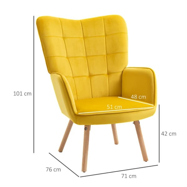 Fåtölj Wing Stol med armstöd, Träram Vadderad loungestol med sammetslook, avkopplingsstol för vardagsrum, sovrum, gul