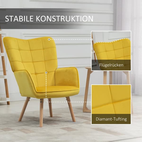 Fåtölj Wing Stol med armstöd, Träram Vadderad loungestol med sammetslook, avkopplingsstol för vardagsrum, sovrum, gul