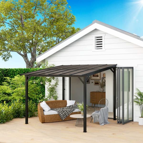 Pergola paviljong ca 3x3m, vattentät, stabil, vintertät altantak med UV-skydd 50+, vägghängd trädgårdspaviljong av metall, solskydd för trädgård, terr