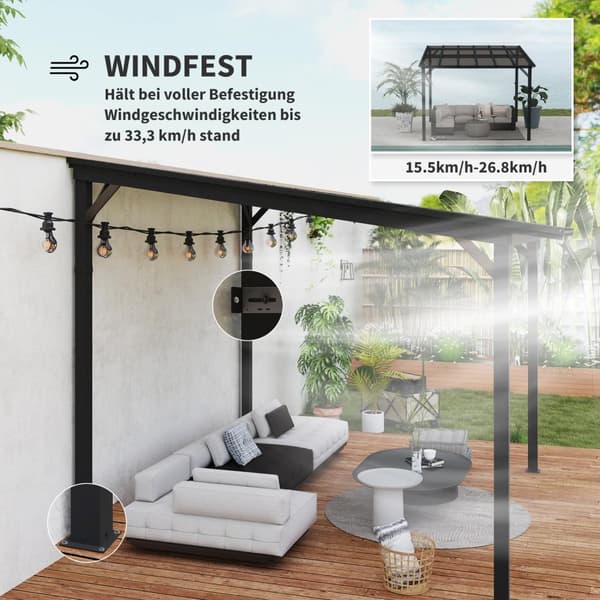 Pergola paviljong ca 3x3m, vattentät, stabil, vintertät altantak med UV-skydd 50+, vägghängd trädgårdspaviljong av metall, solskydd för trädgård, terr