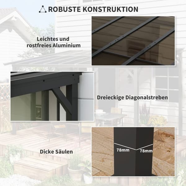 Pergola paviljong ca 3x3m, vattentät, stabil, vintertät altantak med UV-skydd 50+, vägghängd trädgårdspaviljong av metall, solskydd för trädgård, terr