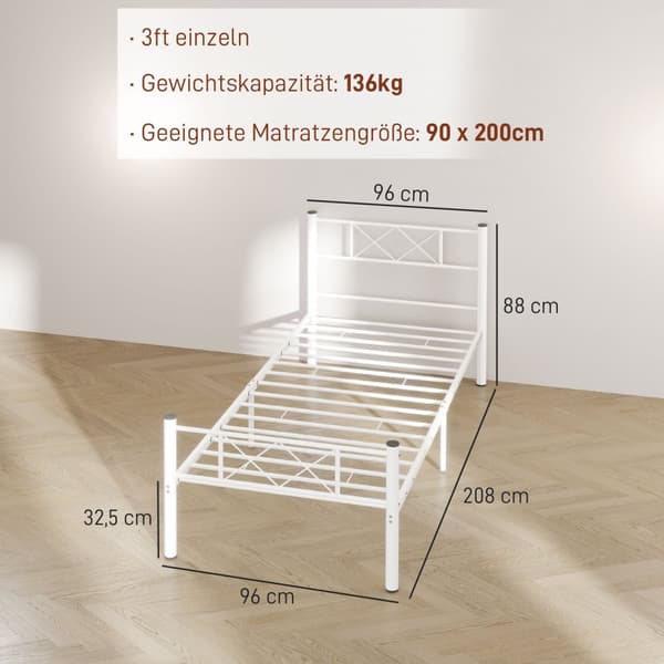 Sengeramme for madrass 200 x 90 cm, sengeramme 88 cm høy enkeltsengsramme av stål, til soverom gjesterom, hvit