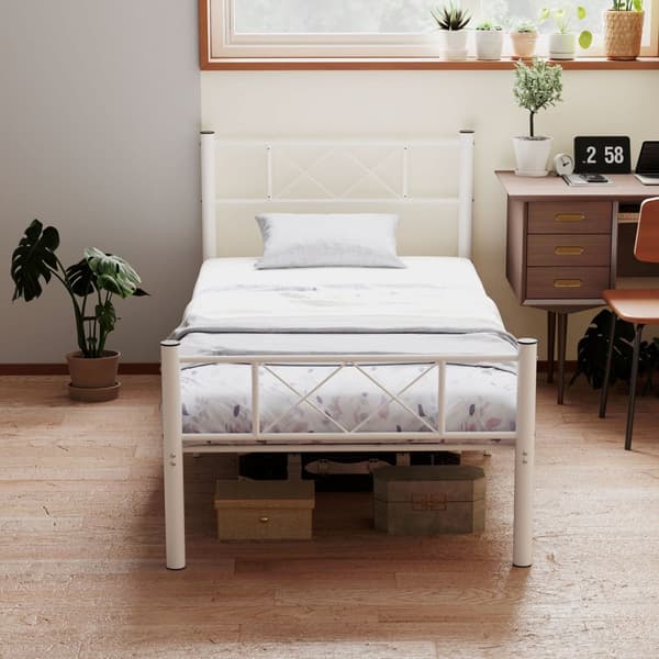 Sengeramme for madrass 200 x 90 cm, sengeramme 88 cm høy enkeltsengsramme av stål, til soverom gjesterom, hvit