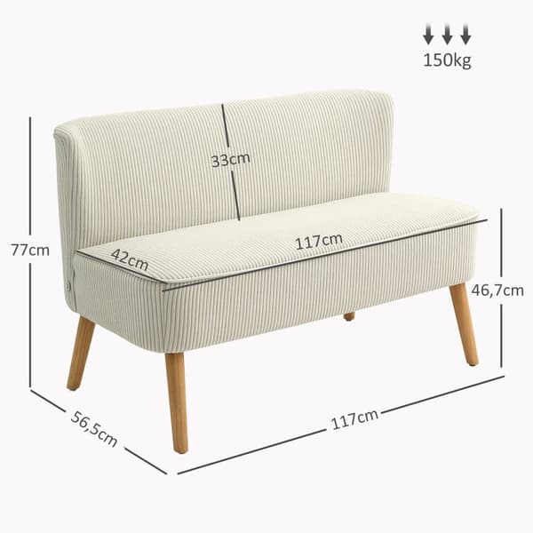 Sofa 2-seters moderne sofa uten armlener, polstret sofa med kordfløyellook, liten loungesofa med treben til stue, 117 x 56,5 x 77 cm, kremhvit
