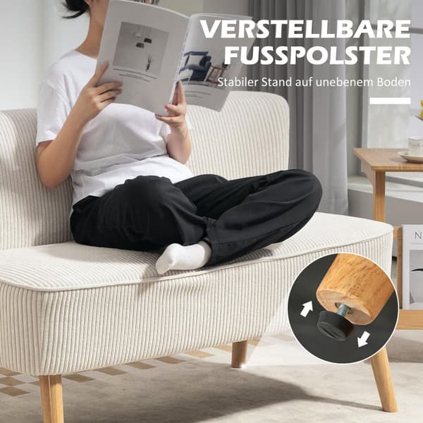 Sofa 2-seters moderne sofa uten armlener, polstret sofa med kordfløyellook, liten loungesofa med treben til stue, 117 x 56,5 x 77 cm, kremhvit