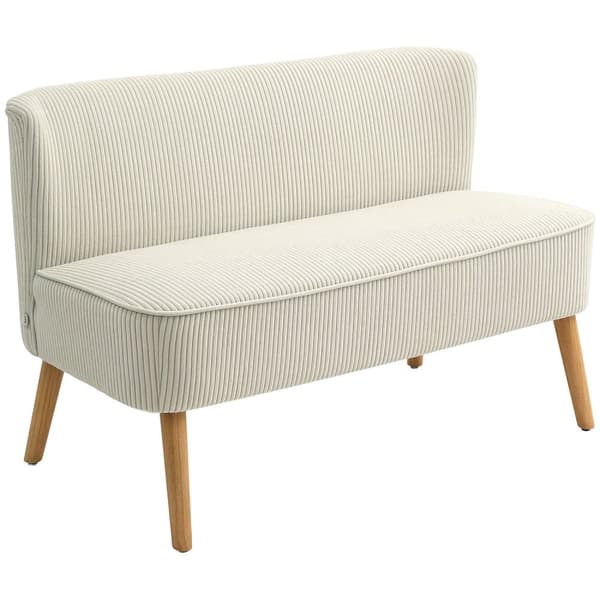 Sofa 2-seters moderne sofa uten armlener, polstret sofa med kordfløyellook, liten loungesofa med treben til stue, 117 x 56,5 x 77 cm, kremhvit
