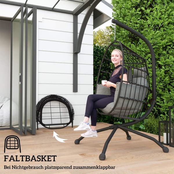 Äggformad utomhushängande stol, hopfällbar hänggunga med mugghållare, avtagbar tvättbar sits, ram, hängmatta för 1 person, gungstol för uteplats, träd