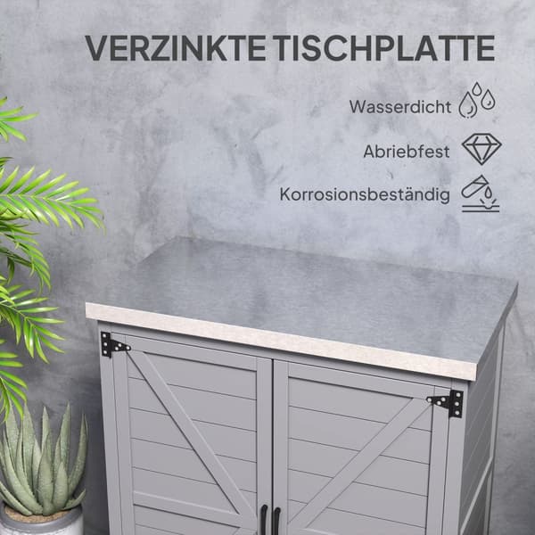 Hageskap tre utendørs værbestandig redskapsbod med benkeplate, dobbel dør, hylle, utstyrsskap oppbevaringsskap flerbruksskap for hage, terrasse 79 x 4