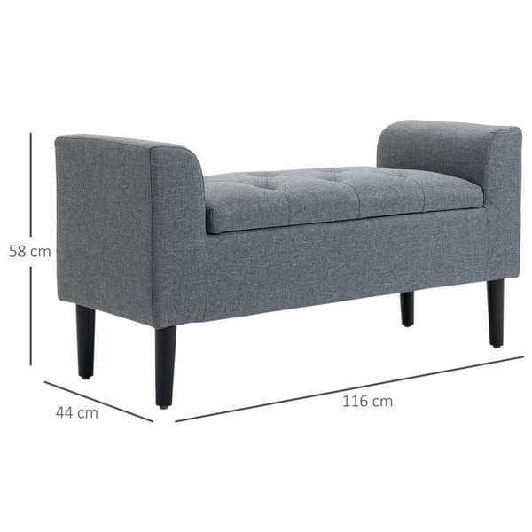 Benk med oppbevaringsplass, polstret benk med linlook, treben, sengebenk med lastekapasitet inntil 130 kg, til stue, soverom, gang, 116 x 44 x 58 cm l