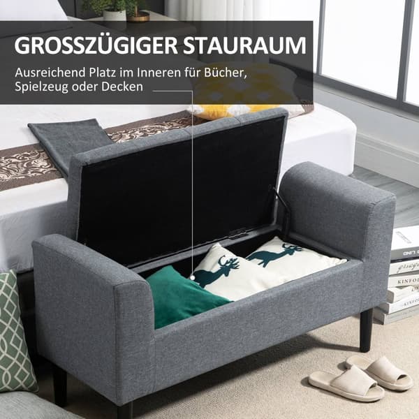 Benk med oppbevaringsplass, polstret benk med linlook, treben, sengebenk med lastekapasitet inntil 130 kg, til stue, soverom, gang, 116 x 44 x 58 cm l