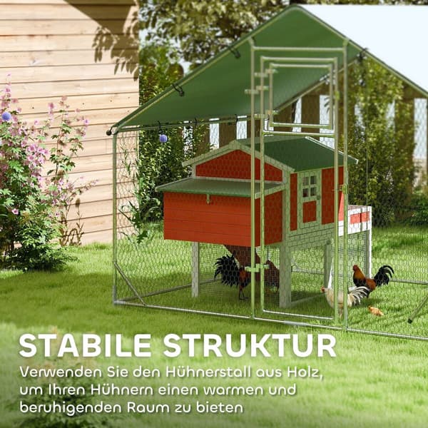 Hønsehus frittgående innhegning av stål, 300 x 200 x 195 cm kyllingbur med UV-bestandig deksel, fôringsdør, hengende fôring, abbor, hønseinnhegning fo