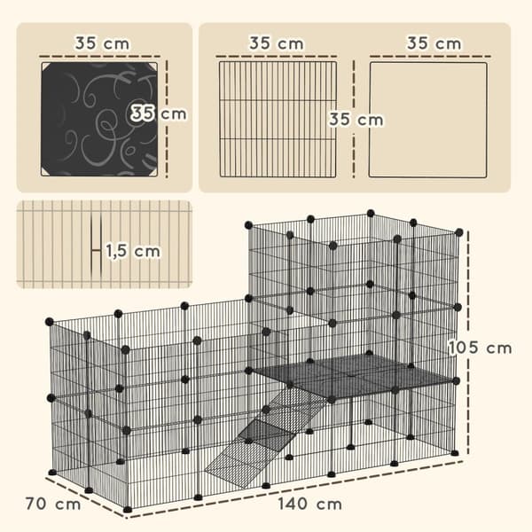 Smådyrinnhegning Smådyrsbur med 39 paneler Utendørsskap med rampe DIY Mesh-innhegning Metall Smådyr Åpnesbar Svart 140 x 70 x 105 cm