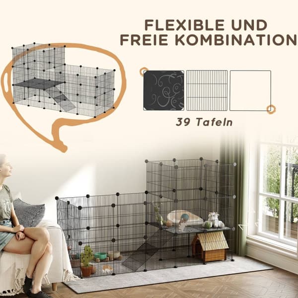 Smådyrinnhegning Smådyrsbur med 39 paneler Utendørsskap med rampe DIY Mesh-innhegning Metall Smådyr Åpnesbar Svart 140 x 70 x 105 cm