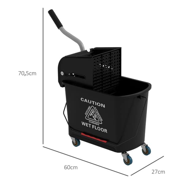 Rengjøringsvogn, mobil bøtte, rensebøtte, 20 liter, tørkevogn med press, 2 kammer, svart