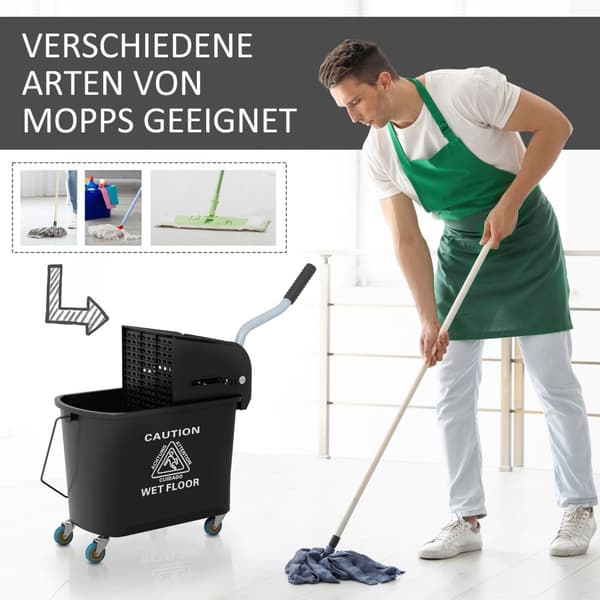 Rengjøringsvogn, mobil bøtte, rensebøtte, 20 liter, tørkevogn med press, 2 kammer, svart