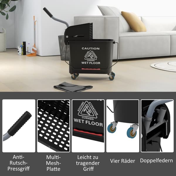 Rengjøringsvogn, mobil bøtte, rensebøtte, 20 liter, tørkevogn med press, 2 kammer, svart