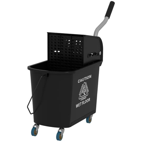 Rengjøringsvogn, mobil bøtte, rensebøtte, 20 liter, tørkevogn med press, 2 kammer, svart